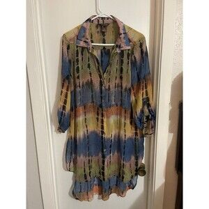 Multiples Women’s Button Front high low Hem Top Size L Sheer Multicolor Tie Dye